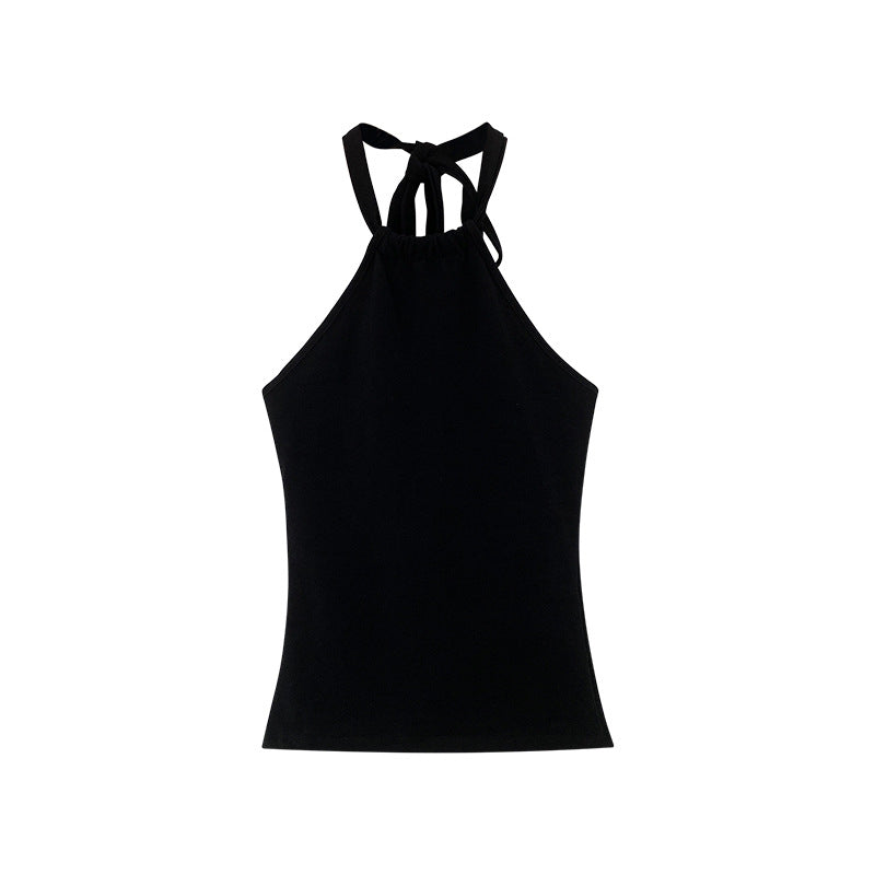 Women's Black Halter Neck Lace-Up Camisole - Festival-Ready Seaside Style