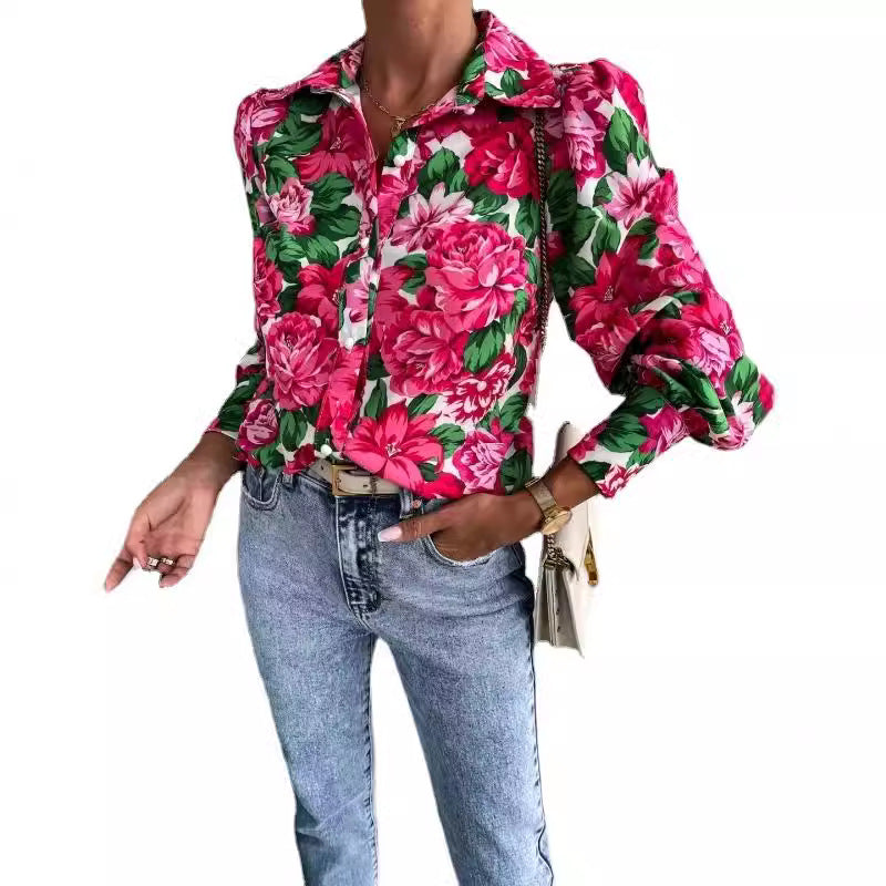 Women's Autumn Long Sleeve V-Neck Button Leopard Print Shirt