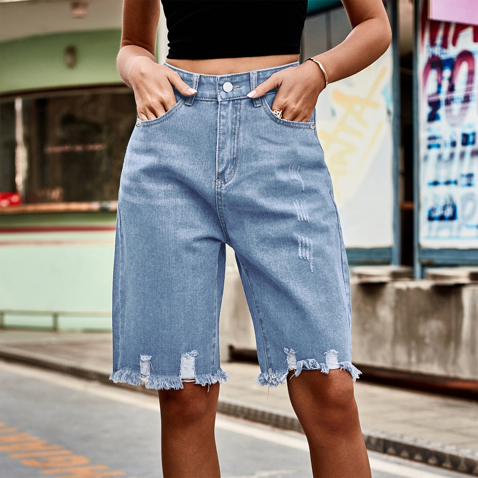 Women's Ripped Denim Shorts - Raw Edge Tassel Hem | Trendy High-Waist Jean Shorts for Summer