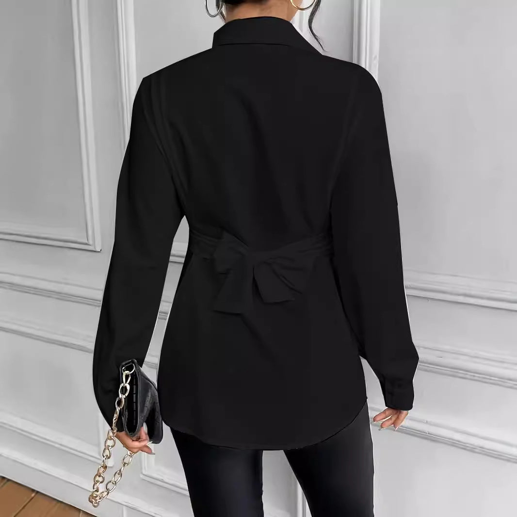 en's Autumn Lapel Tie Bow Waist Slim Fit Shirt
