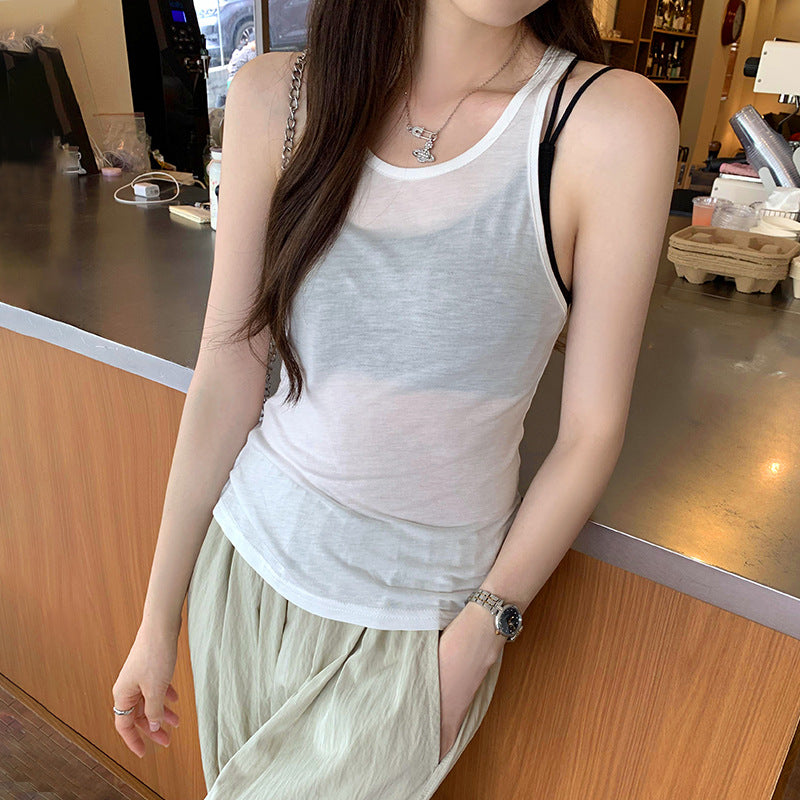 Women's Sheer U-Neck Sleeveless I-Shaped Camisole Vest - Pure Desire Aesthetic  RAC25ZB536WVAT