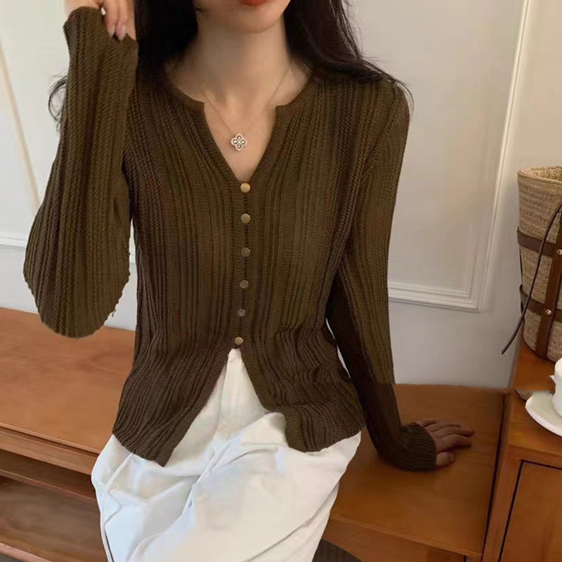 Lazy Style Simple And Versatile Long-Sleeved Knitted Sweater For Women Autumn Wear Temperament V-Neck Slim Fit Top