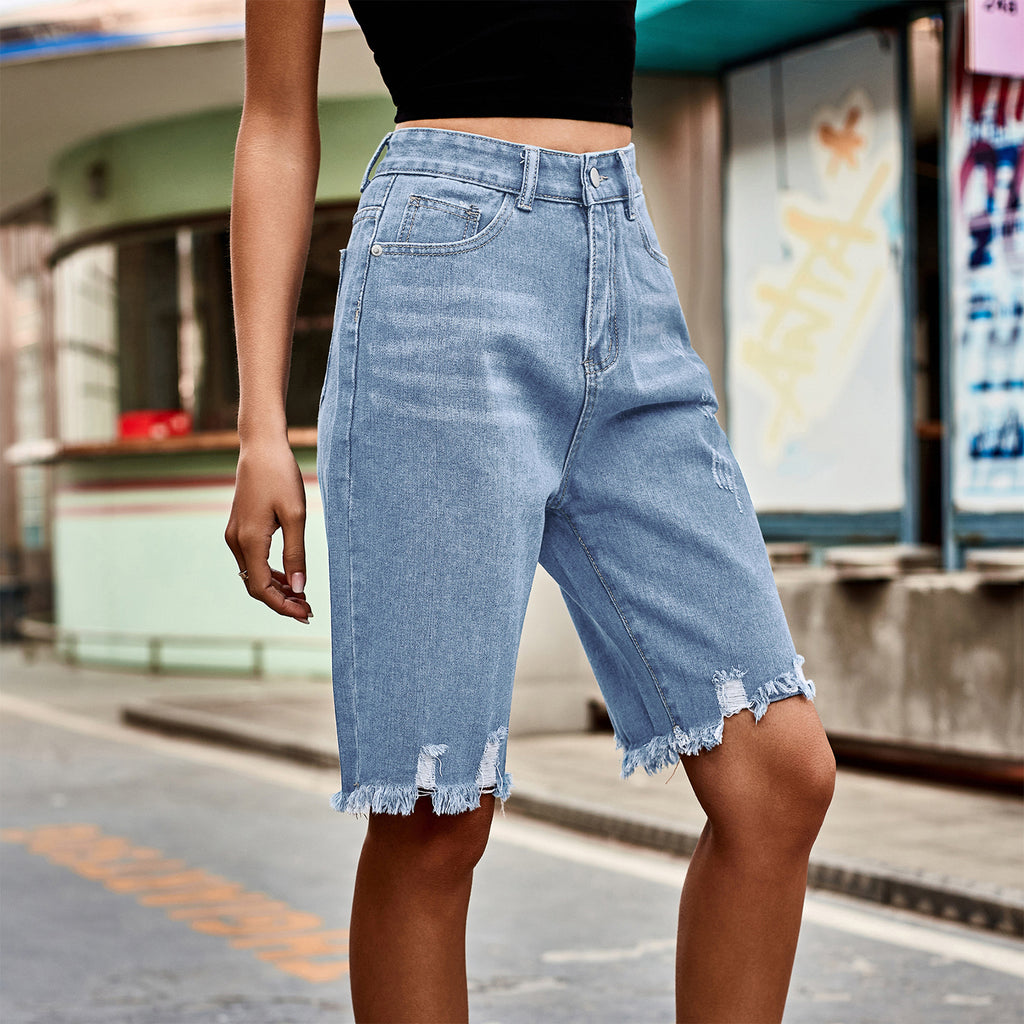 Women's Ripped Denim Shorts - Raw Edge Tassel Hem | Trendy High-Waist Jean Shorts for Summer