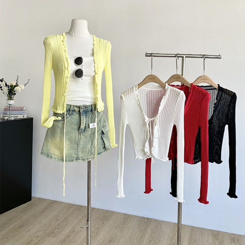 Summer New V-Neck Knitted Cardigan - Sun Protection, Lightweight, Slimming Fit with Ruffle Trim