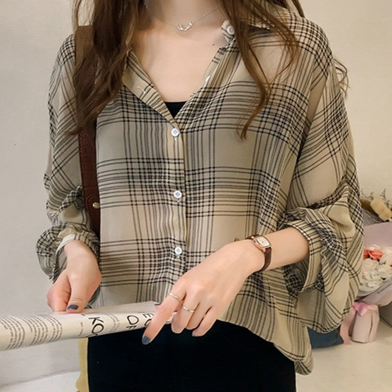 Women's New Loose Plaid Shirt - Long-Sleeved Hong Kong Style Casual Top