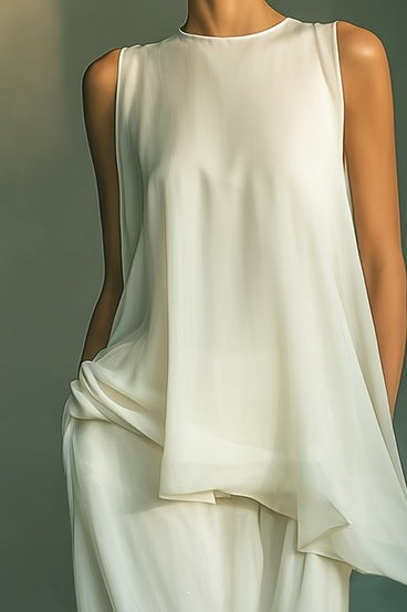 Women's Casual Loose Sleeveless Solid Color Top with Wide-Leg Pants Two-Piece Outfit Set