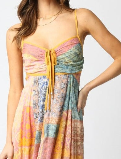 Women's V-Neck Printed Lace-Up Loose Fit Sleeveless Dress