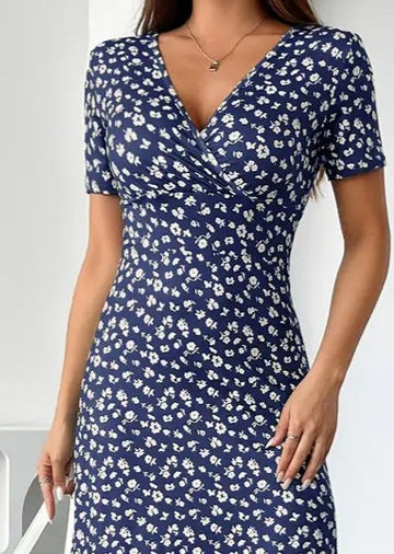 Women’s Summer Printed V-Neck Short-Sleeved Waist Floral Dress