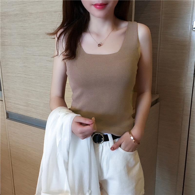 Women's Black Knitted Sleeveless Camisole - Spring & Autumn Short Vest, Stylish Innerwear & Outerwear Top