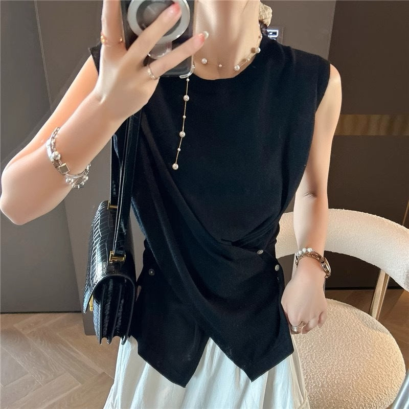 Summer 2025 Women's Light Knit Sleeveless Vest - Irregular Hem, Round Neck, Elegant Casual Style