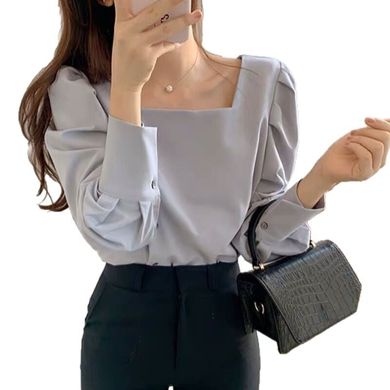 2025 Gentle & Elegant Square Collar Lantern Sleeve Shirt - Clavicle-Revealing Charm Meets Refined Versatility