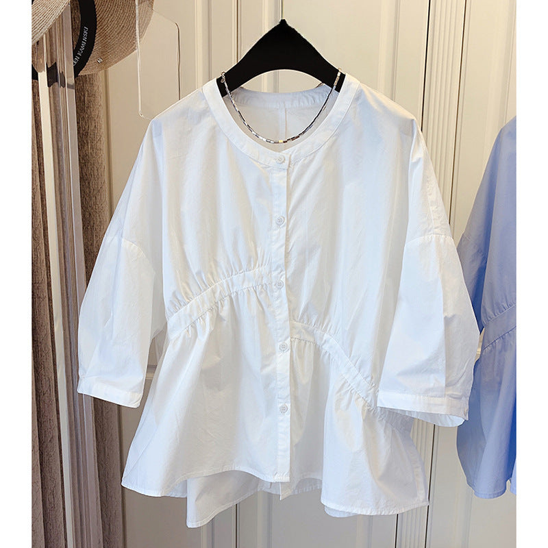 Spring & Autumn Niche Loose Asymmetrical Pleated Patchwork Babydoll Shirt