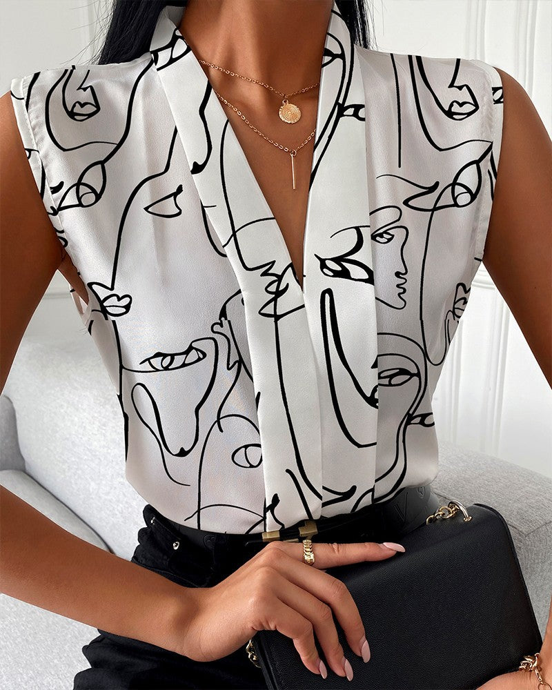 Women's Summer Sleeveless Printed V-Neck Shirt - Casual Lightweight Fashion Blouse