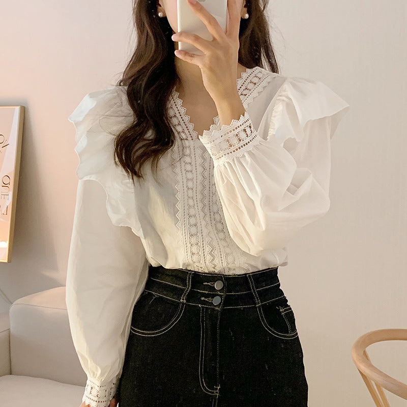 French-Inspired Lace V-Neck Ruffle Blouse - Loose Fit Puff Sleeve Casual Shirt