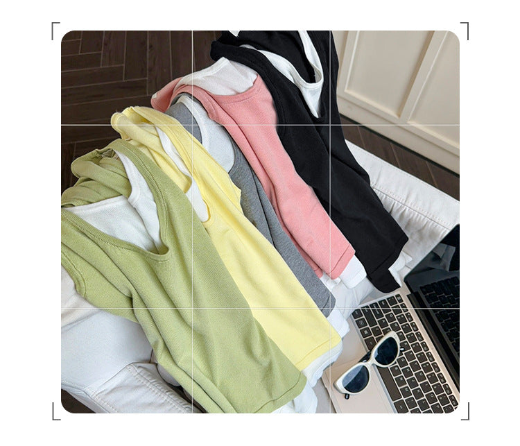 Women's Two-Piece Contrast Color Camisole Vest Set - Stylish Innerwear for Layering = RAC25ZB532WVAT