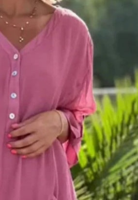 Women's Solid Color V-Neck Long Sleeve Button Front Loose Casual Dress