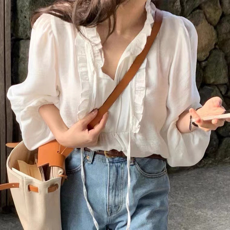 V-Neck Puff Sleeve Ruffle Blouse - Strap Stitching with Wood Ear Edge Detail | Women's Loose Solid Color Shirt