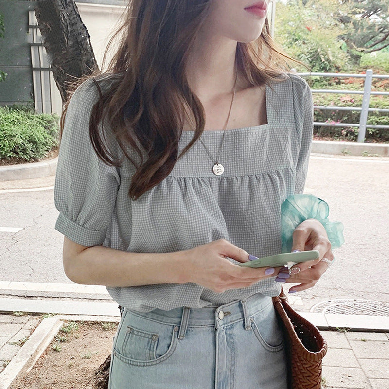 New Summer Sweet Style - Women's Short-Sleeved Small Plaid Clavicle Top