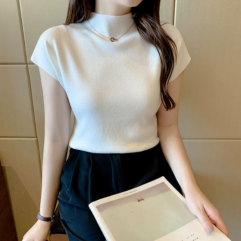 Knitted Sleeveless Half-High Collar Women's Short T-Shirt - 2025 Summer Trendy Top
