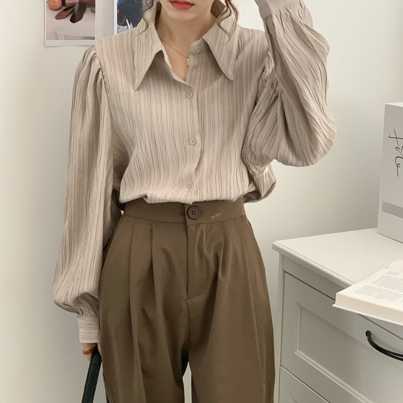 Textured Puff Sleeve Long-Sleeved Shirt - Loose Fit, Commuting Chic Style