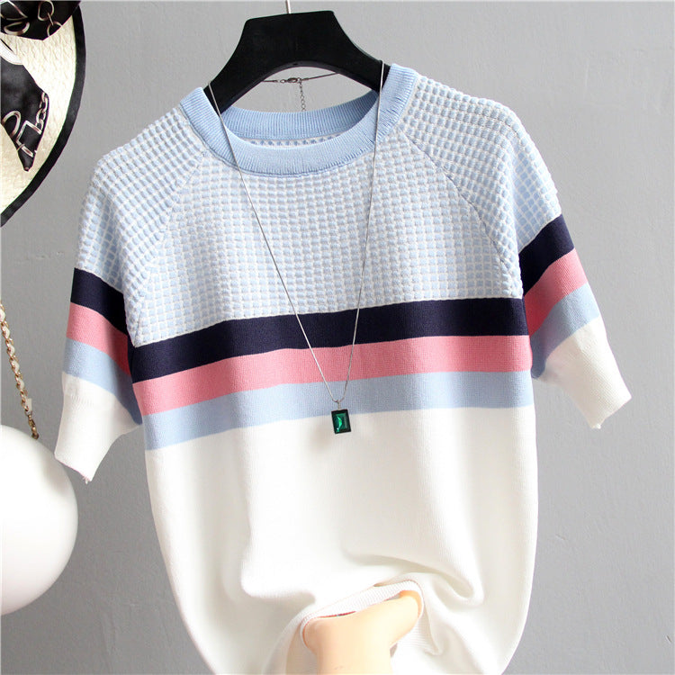 Women's Slim Fit Contrast Color Knit Pullover T-Shirt - Short Sleeve