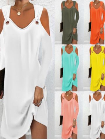 Autumn Solid Color V-Neck Button Dress for Women with Metal Buttons