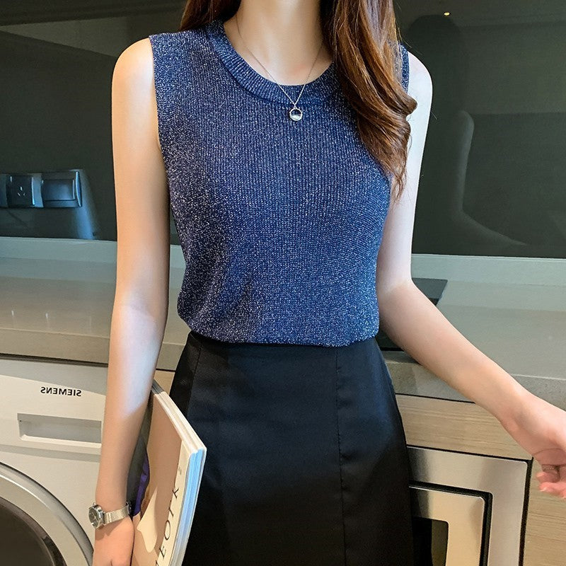 Women's Bright Silk Camisole Vest with Knitted Bottoming Shirt - Sleeveless Summer Essential