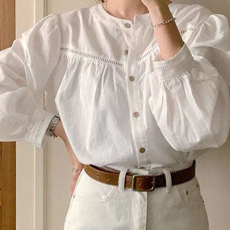 Sweet Hollow Lace Splice Shirt - Women's Solid Color Long Sleeve Top for Spring & Autumn