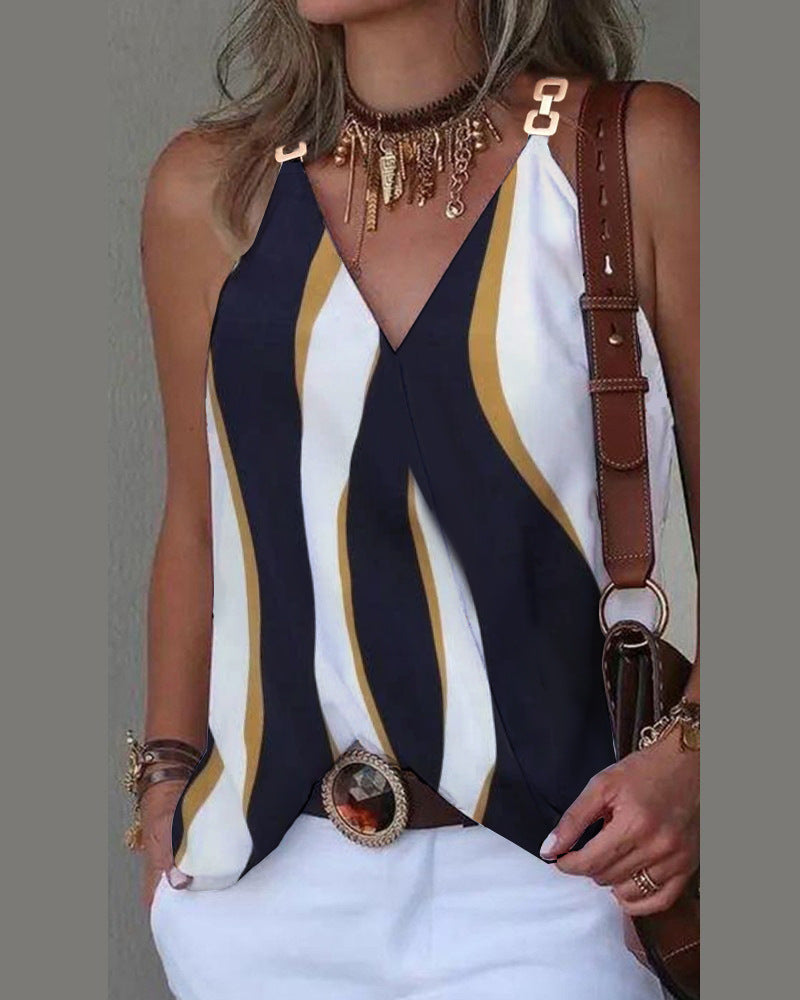 Women's Summer Simple V-Neck Printed Vest Top - Metal Button Detail Sleeveless Blouse
