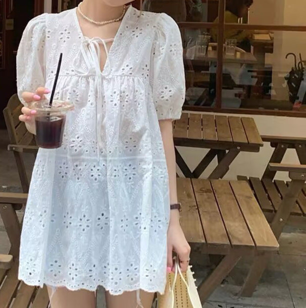 White Hollow Lace Puff Sleeve Top - Effortless Summer Elegance