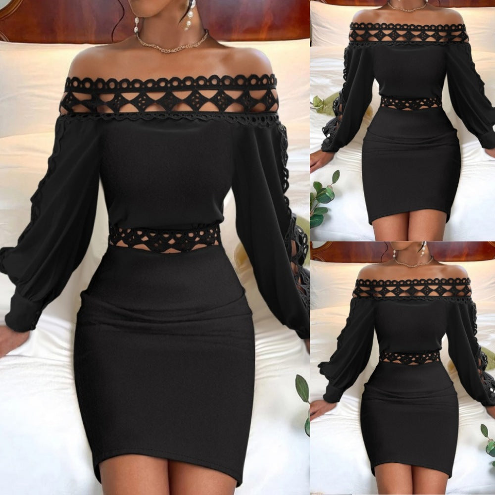 Elegant V-Neck Lace Long Sleeve Bodycon Dress for Women – Autumn & Winter Waist-Hugging Style