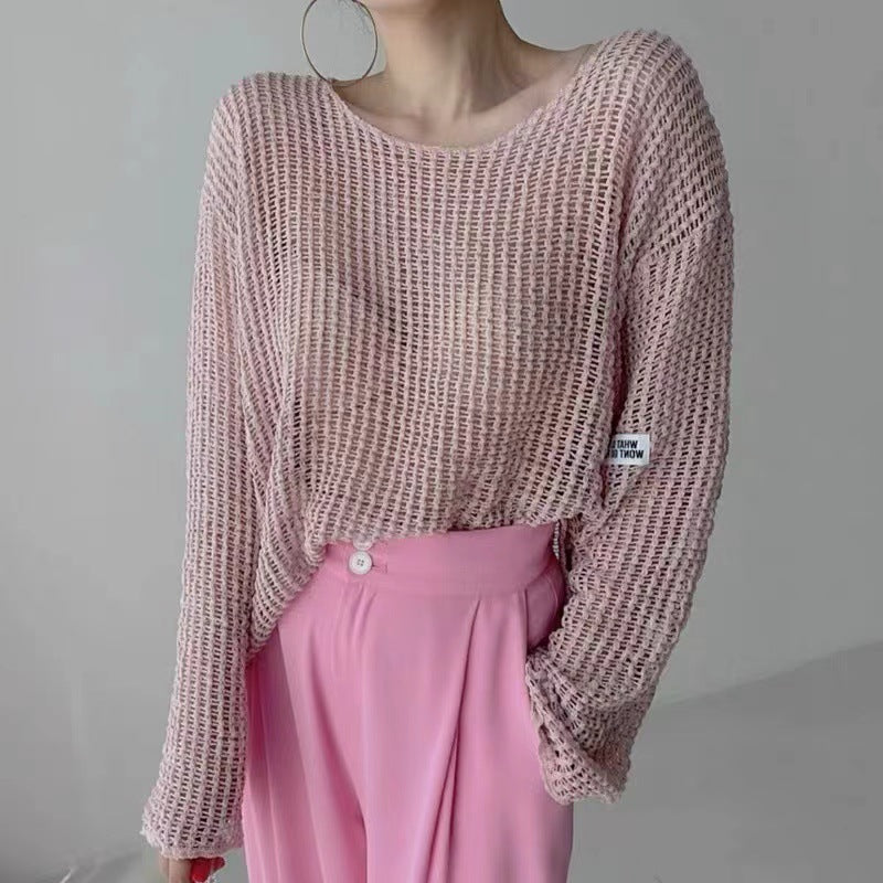 Summer Simple Round Neck Pullover - Loose Thin Hollow Perspective Sunscreen Knitted Sweater Blouse for Women