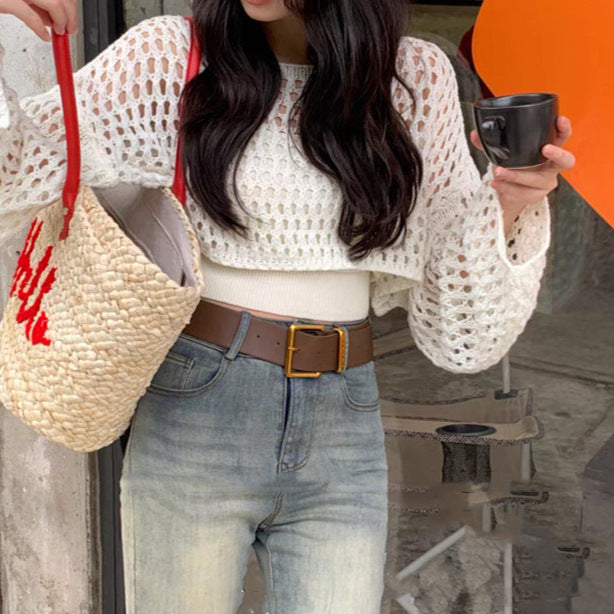 Women's Short Hollow Knit Sweater Top - Lightweight Two-Piece Style Suit for Spring & Autumn