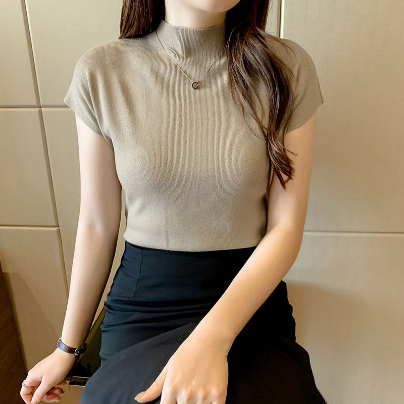 Knitted Sleeveless Half-High Collar Women's Short T-Shirt - 2025 Summer Trendy Top