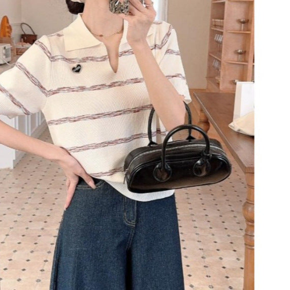 2025 Spring & Summer Women's Lapel Striped Slim Fit Long Sleeve Top - Commuter Chic Edition