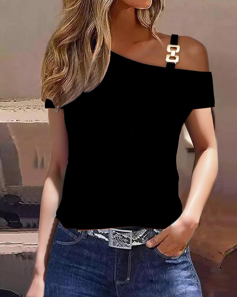 Women's Summer Printed T-Shirt - Short Sleeve V-Neck Top with Metal Button Detail