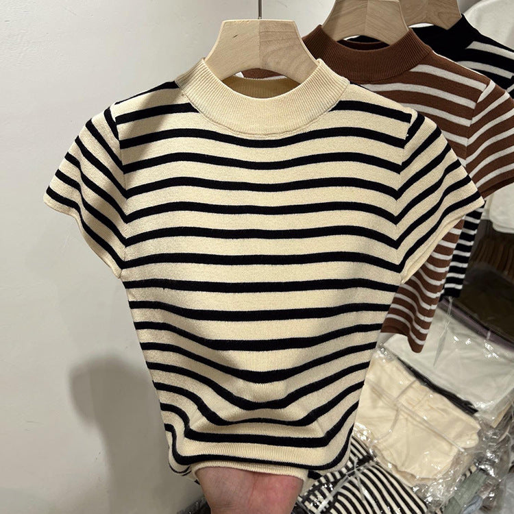 Half Turtleneck Striped Sweater - Flying Sleeves, Slim Fit Short-Sleeved Top for Women