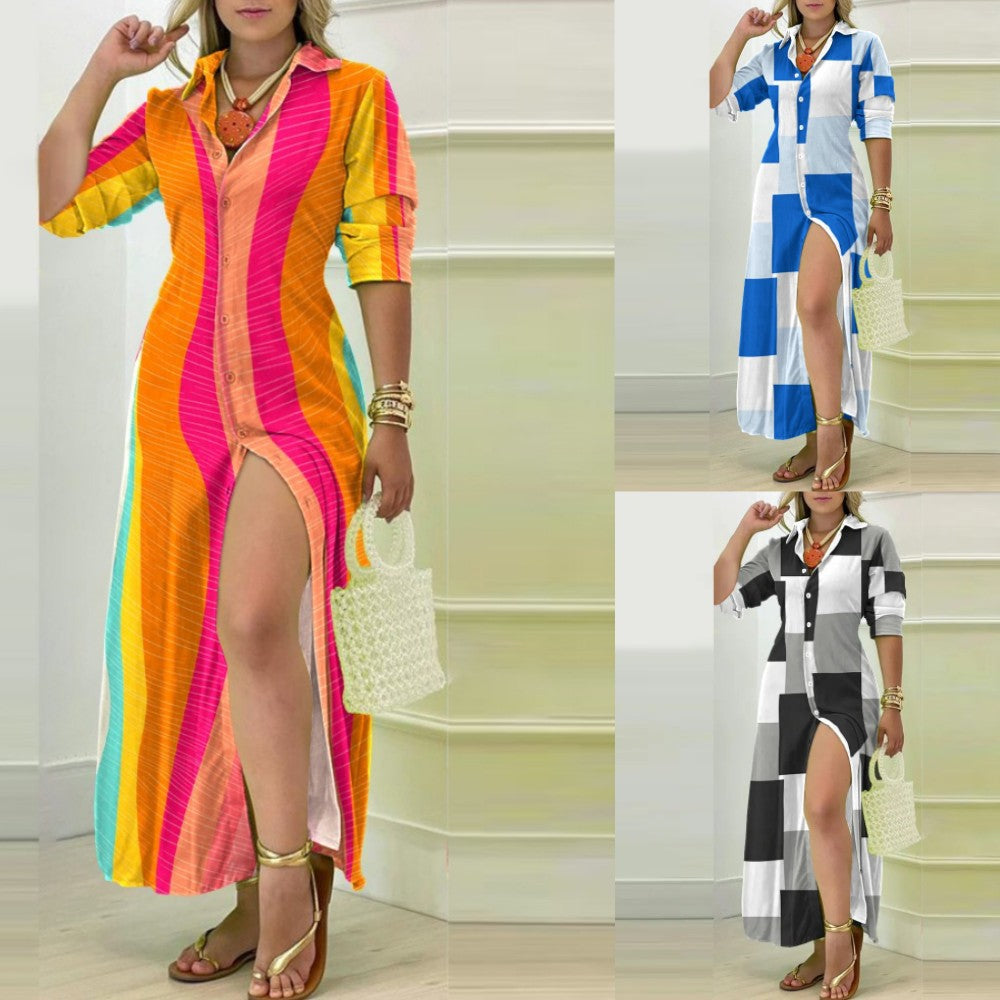 Summer Long Sleeve V-Neck Button Shirt Dress for Women – Casual & Elegant