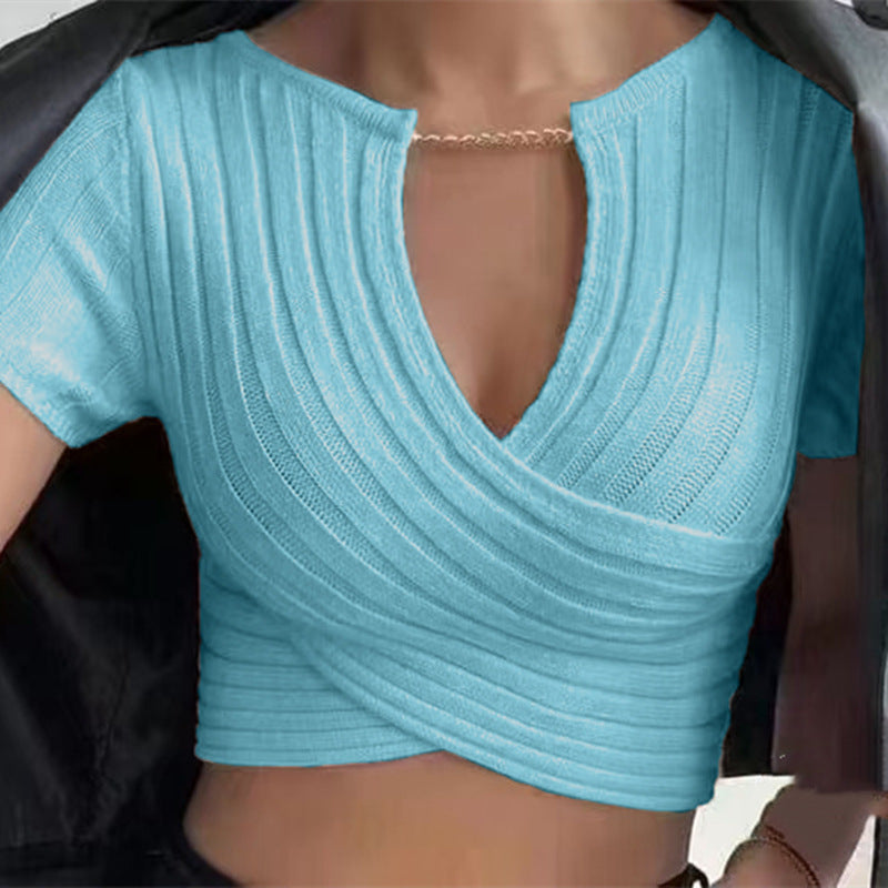 Summer Chain Deep V-Neck Cross-Navel Knitted Crop Top - Women's Short Sleeve Chic Streetwear