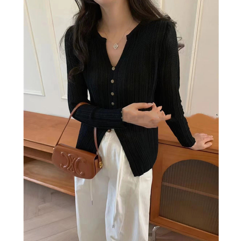 Lazy Style Simple And Versatile Long-Sleeved Knitted Sweater For Women Autumn Wear Temperament V-Neck Slim Fit Top