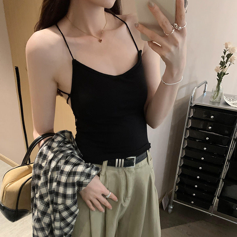 Women's Backless Strappy Camisole with Chest Pads - Slim Fit Sleeveless Summer Crop Top