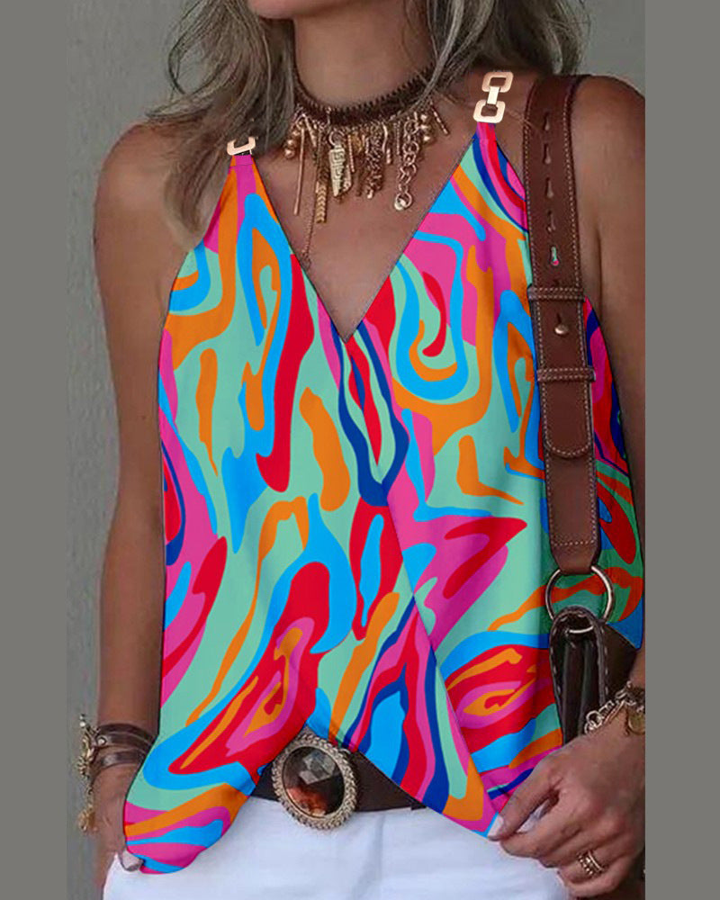 Women's Summer Simple V-Neck Printed Vest Top - Metal Button Detail Sleeveless Blouse