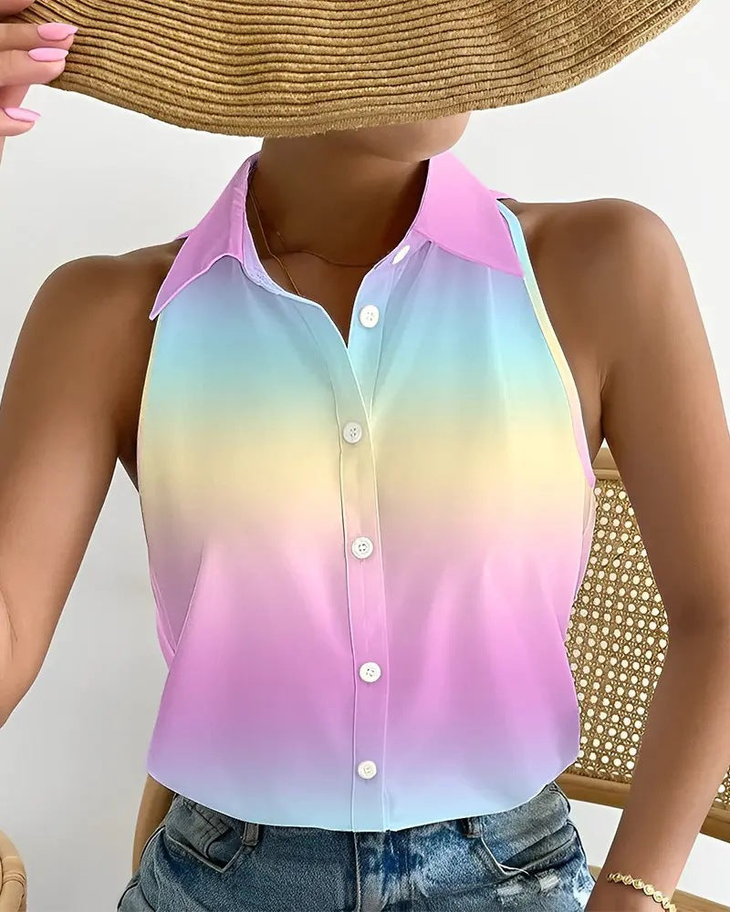 Women's Summer Casual Off-Shoulder Sleeveless Shirt - Fashion Abstract Print Top