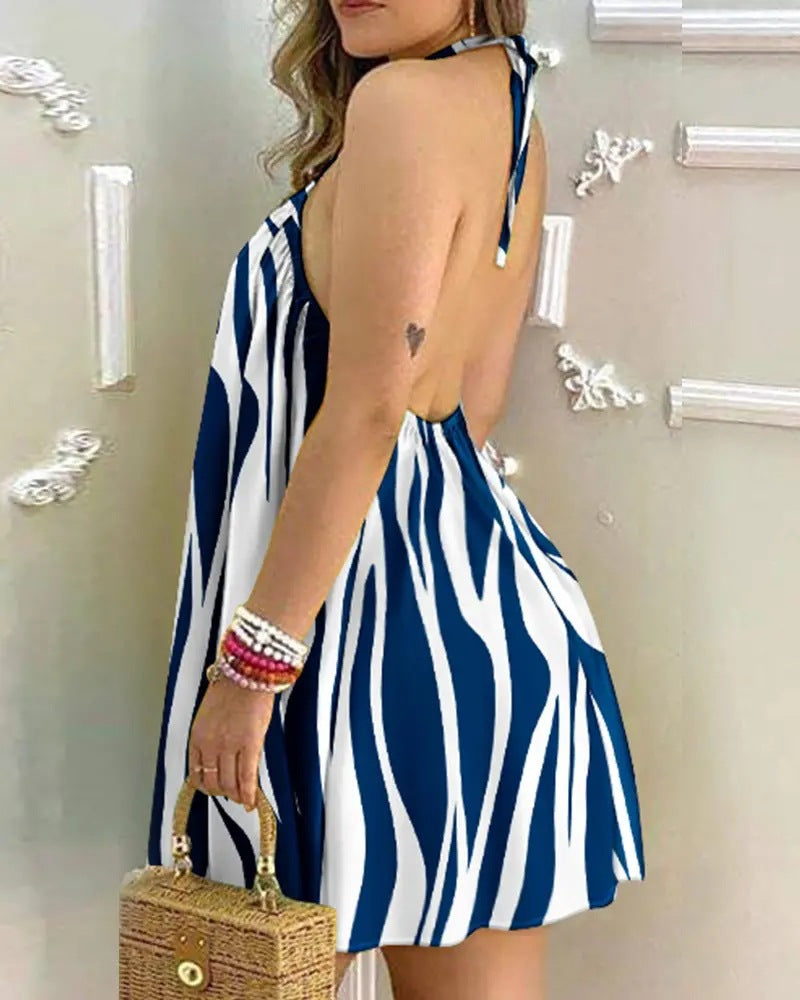 Summer Off-Shoulder Halter Neck Tie Loose Dress for Women – Casual Boho Beach Sundress