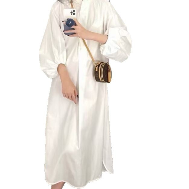 French Spring Puff Sleeve Shirt Dress - Casual Fit with Stand Collar Elegance