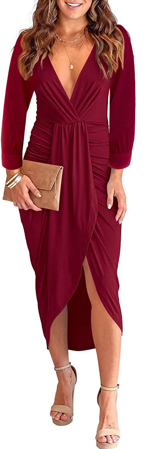 Elegant V-Neck Pleated Bodycon Slit Dress – Solid Color Long Sleeve Autumn & Winter Fashion for Women