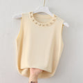 Women's Round Neck Camisole Top with Beaded White Knitted Sleeveless Sweater - Stylish Outerwear T-Shirt