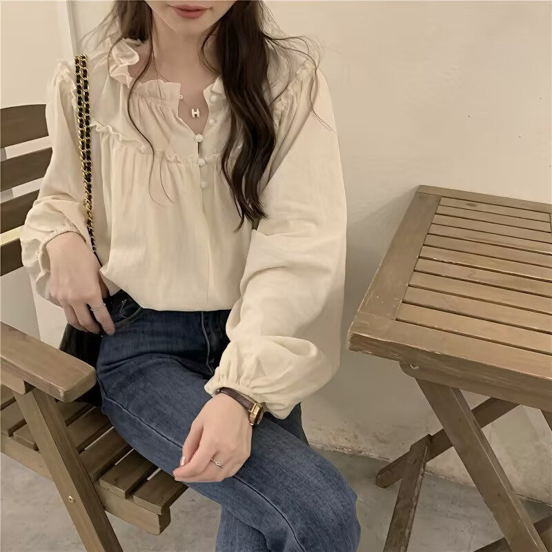 2025 French Retro Niche Puff Sleeve Top with Ruffled Long Sleeves - Elegant Vintage Charm Meets Modern Femininity