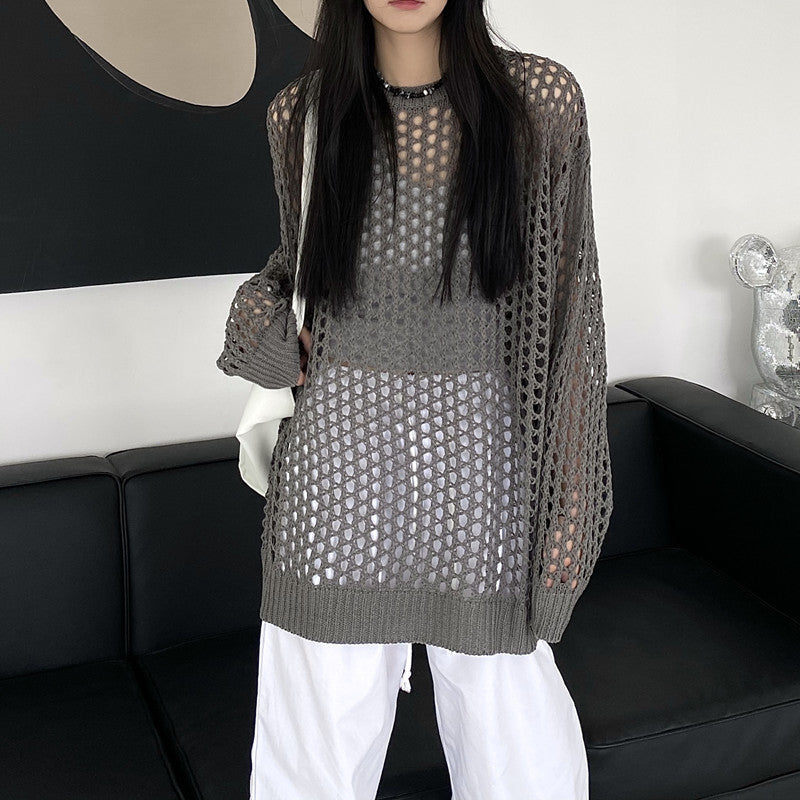 Women's Knitted Hollow Sun Protection Blouse - Lightweight, Loose-Fit, Chic Long-Sleeved Drape Top