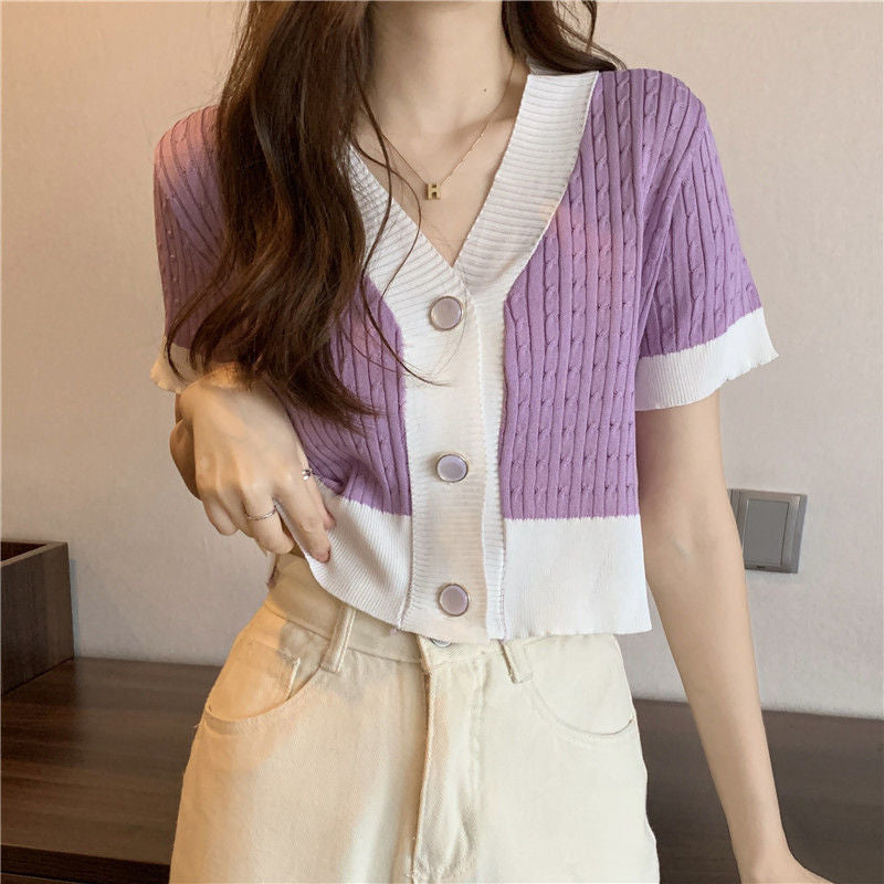 Chic Contrast V-Neck Knitted Cardigan - Short Sleeve Women's Top